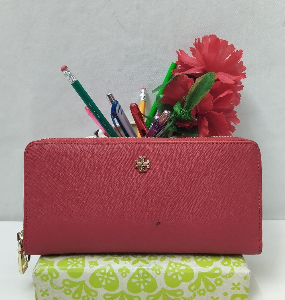 Tory Burch Red Leather Zip Around Credit Card Wallet